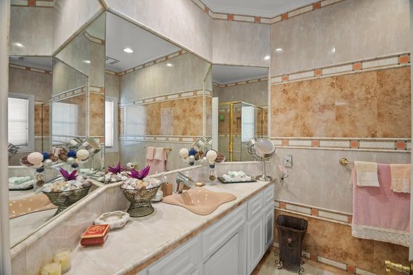 Bathroom, Dual Sink Vanities, Glass Shower, Interior, Recessed Lighting, Tile Countertops