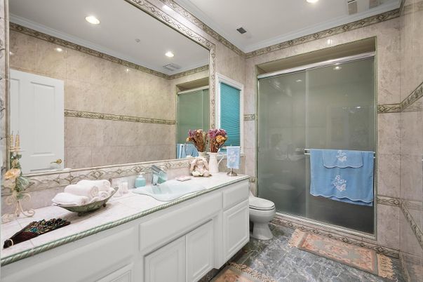 Bathroom, Glass Shower, Interior, Recessed Lighting, Tile Countertops