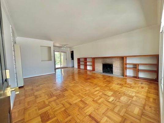 Empty room, Fireplace, Interior, Stone Walls, Wood Texture Flooring