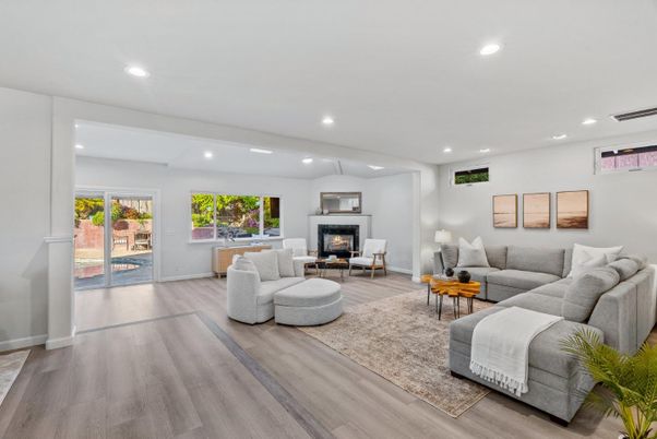 Fireplace, Interior, Living room, Recessed Lighting, Wood Texture Flooring