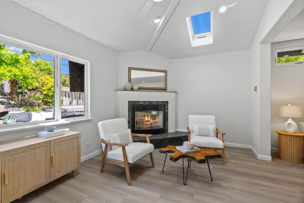 Fireplace, Interior, Living room, Recessed Lighting, Wood Texture Flooring