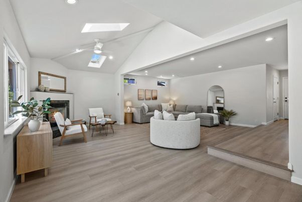 Fireplace, Interior, Living room, Recessed Lighting, Wood Texture Flooring