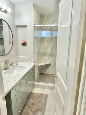 Bathroom, Dual Sink Vanities, Glass Shower, Interior, Marble Walls