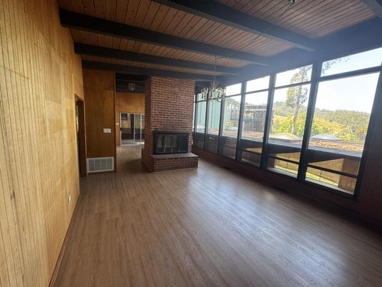 Empty room, Fireplace, Interior, Stone Walls, Wooden Beams, Wooden Ceilings, Wood Texture Flooring, Wooden Walls