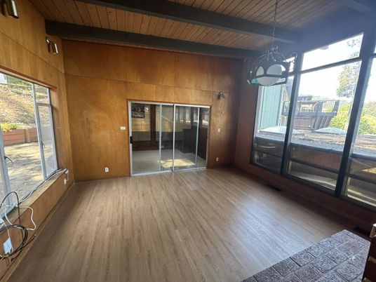 Empty room, Fireplace, Interior, Pendant Lights, Wooden Beams, Wooden Ceilings, Wood Texture Flooring, Wooden Walls