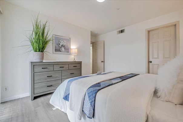 Bedroom, Interior, Recessed Lighting, Wood Texture Flooring