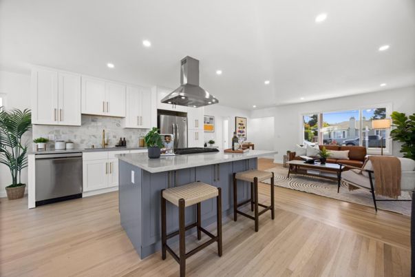 Interior, Kitchen, Living room, Recessed Lighting, Stainless Steel Appliances, Wood Texture Flooring