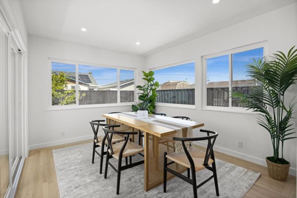 Dining room, Interior, Recessed Lighting, Wood Texture Flooring