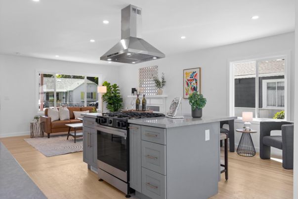 Interior, Kitchen, Living room, Recessed Lighting, Stainless Steel Appliances, Wood Texture Flooring