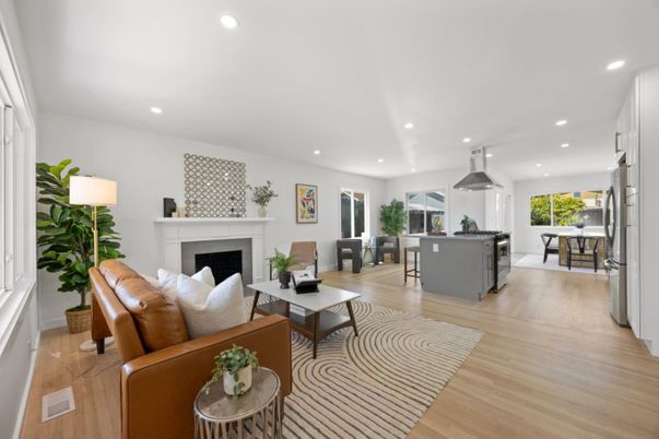 Dining room, Fireplace, Interior, Living room, Pendant Lights, Recessed Lighting, Wood Texture Flooring