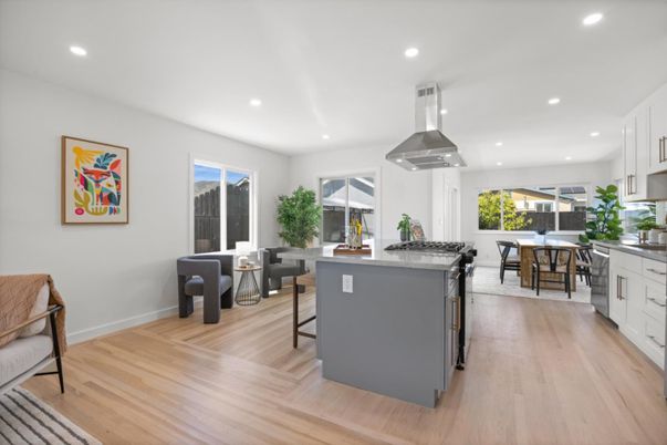 Dining room, Interior, Kitchen, Recessed Lighting, Stainless Steel Appliances, Wood Texture Flooring