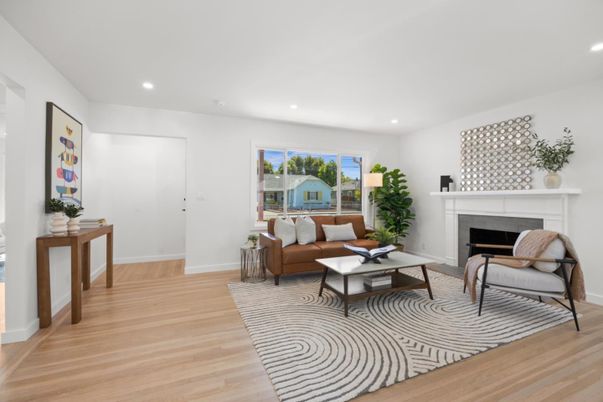 Fireplace, Interior, Living room, Recessed Lighting, Wood Texture Flooring