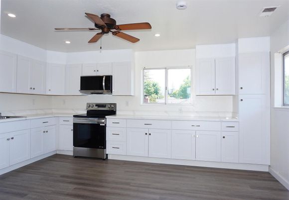 Interior, Kitchen, Recessed Lighting, Stainless Steel Appliances, Wood Texture Flooring