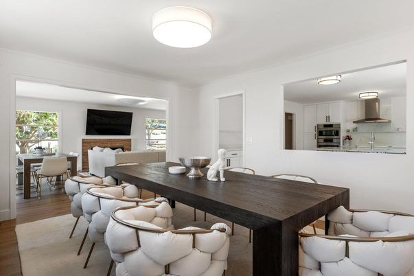 Dining room, Fireplace, Interior, Kitchen, Stainless Steel Appliances, Wood Texture Flooring