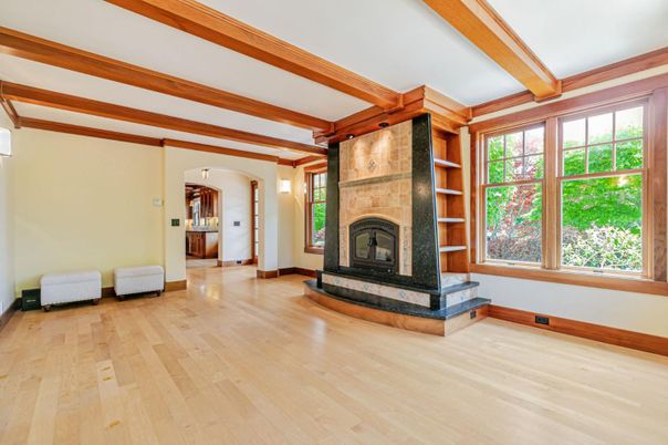 Empty room, Fireplace, Interior, Wooden Beams, Wood Texture Flooring
