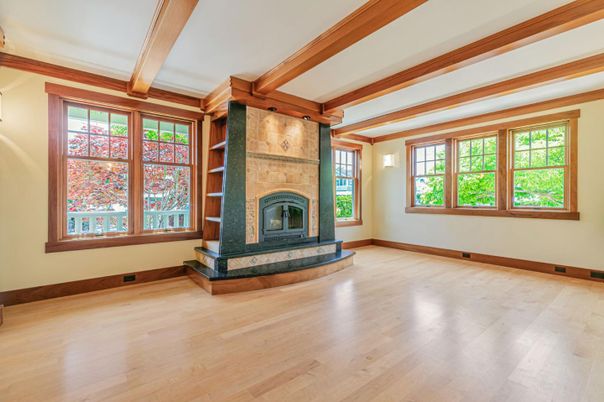 Empty room, Fireplace, Interior, Wooden Beams, Wood Texture Flooring
