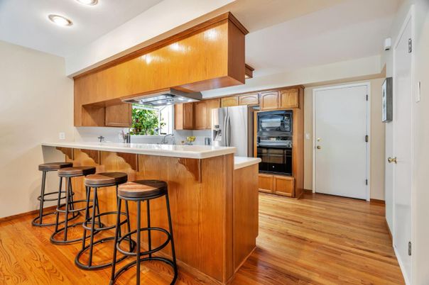 Interior, Kitchen, Recessed Lighting, Stainless Steel Appliances, Wood Texture Flooring