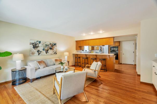 Interior, Kitchen, Living room, Recessed Lighting, Stainless Steel Appliances, Wood Texture Flooring