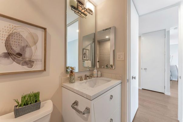 Bathroom, Interior, Recessed Lighting, Wood Texture Flooring