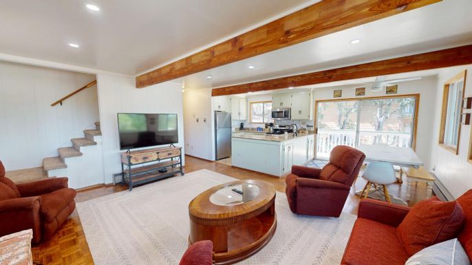 Dining room, Interior, Kitchen, Living room, Recessed Lighting, Wooden Beams, Wood Texture Flooring