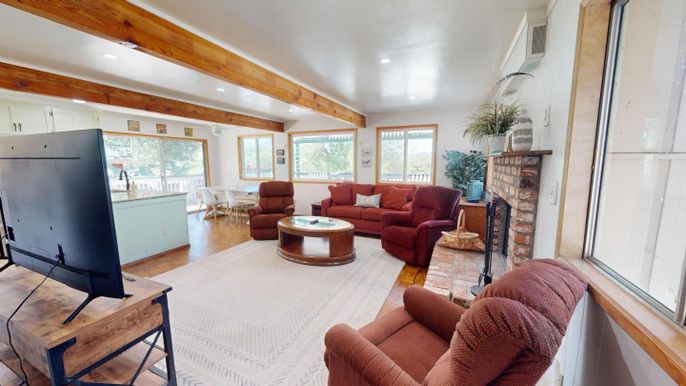 Dining room, Fireplace, Interior, Living room, Recessed Lighting, Wooden Beams, Wood Texture Flooring