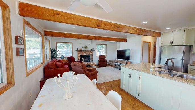 Fireplace, Interior, Kitchen, Living room, Recessed Lighting, Wooden Beams, Wood Texture Flooring