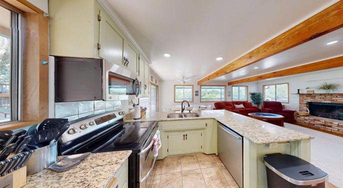 Fireplace, Interior, Kitchen, Living room, Recessed Lighting, Wooden Beams
