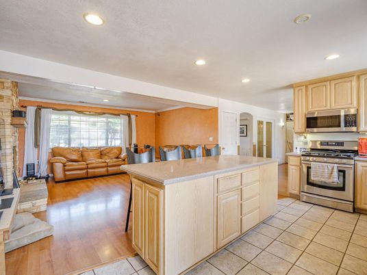 Interior, Kitchen, Living room, Recessed Lighting, Stainless Steel Appliances, Wood Texture Flooring