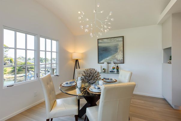 Dining room, Interior, Pendant Lights, Wood Texture Flooring