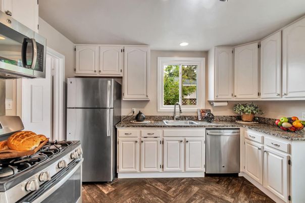 Interior, Kitchen, Recessed Lighting, Stainless Steel Appliances, Wood Texture Flooring