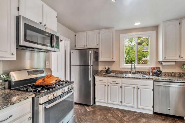 Interior, Kitchen, Recessed Lighting, Stainless Steel Appliances, Wood Texture Flooring