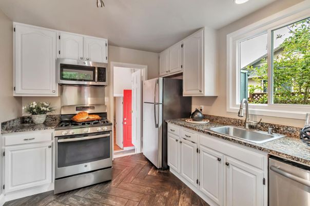 Interior, Kitchen, Recessed Lighting, Stainless Steel Appliances, Wood Texture Flooring