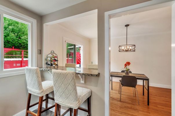 Dining room, Interior, Pendant Lights, Wood Texture Flooring