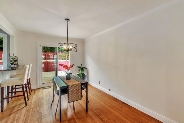 Dining room, Interior, Pendant Lights, Wood Texture Flooring