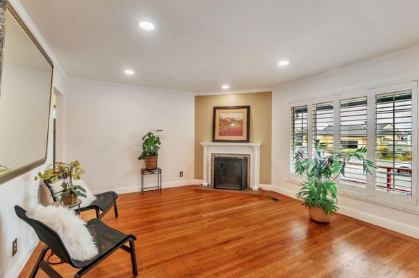 Fireplace, Interior, Recessed Lighting, Wood Texture Flooring