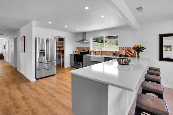 Interior, Kitchen, Recessed Lighting, Stainless Steel Appliances, Wood Texture Flooring