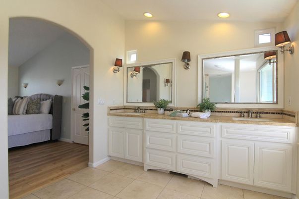 Bathroom, Bedroom, Dual Sink Vanities, Interior, Recessed Lighting, Wood Texture Flooring