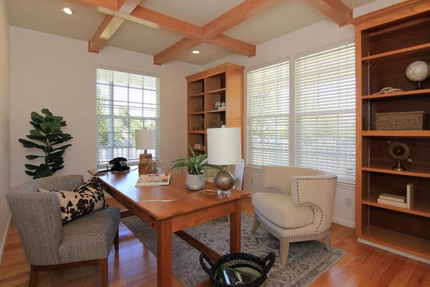 Home Office, Interior, Recessed Lighting, Wooden Beams, Wood Texture Flooring