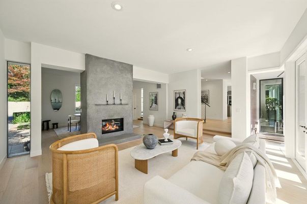 Fireplace, Interior, Living room, Recessed Lighting, Wood Texture Flooring