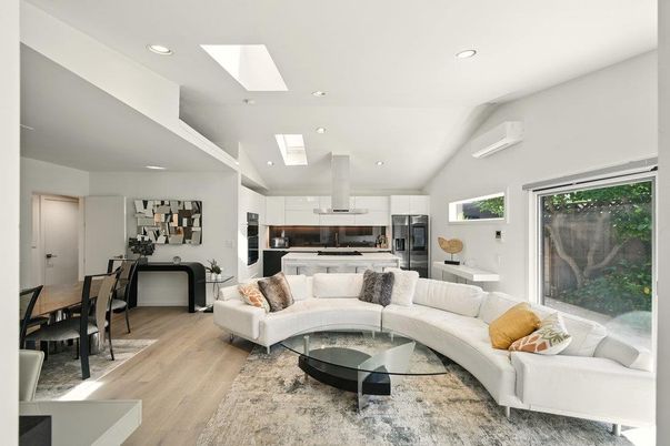 Dining room, Interior, Kitchen, Living room, Recessed Lighting, Stainless Steel Appliances, Wood Texture Flooring