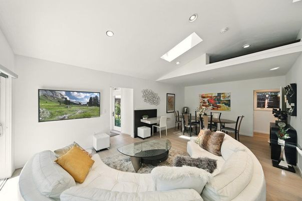 Dining room, Interior, Living room, Recessed Lighting, Wood Texture Flooring