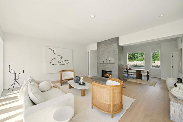 Fireplace, Interior, Living room, Recessed Lighting, Wood Texture Flooring
