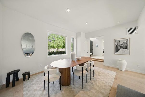 Dining room, Interior, Recessed Lighting, Wood Texture Flooring