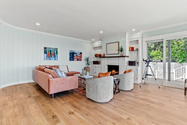 Fireplace, Interior, Living room, Recessed Lighting, Wood Texture Flooring