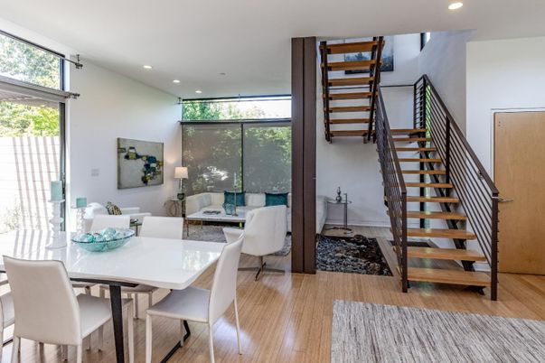 Dining room, Interior, Recessed Lighting, Wood Texture Flooring