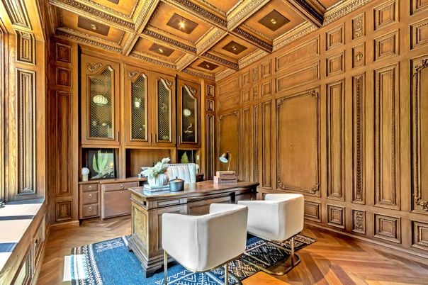Home Office, Interior, Recessed Lighting, Wooden Ceilings, Wood Texture Flooring, Wooden Walls