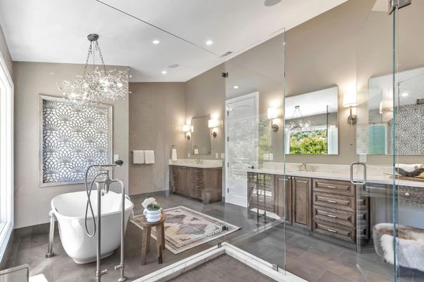 Bathroom, Dual Sink Vanities, Free Standing Baths, Glass Shower, Interior, Pendant Lights, Recessed Lighting