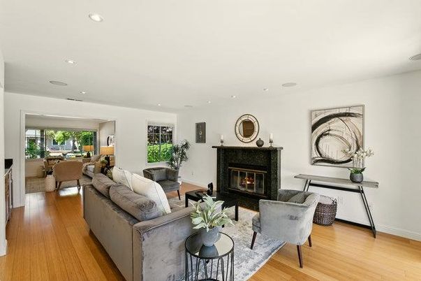 Fireplace, Interior, Living room, Recessed Lighting, Wood Texture Flooring