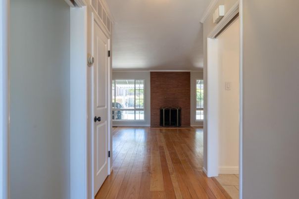 Empty room, Fireplace, Interior, Stone Walls, Wood Texture Flooring