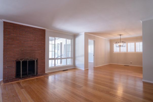 Empty room, Fireplace, Interior, Pendant Lights, Stone Walls, Wood Texture Flooring